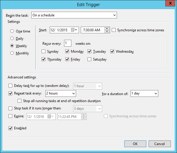 The Task Scheduler's "Edit Trigger" window, showing task
 schedule options such as how often and on what days to repeat the task.