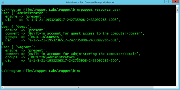 A terminal window showing user information, such as user groups and user
                        ID, returned by the puppet resource user command.